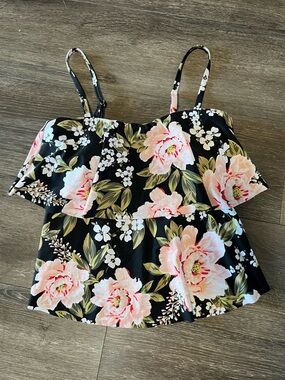 Kona Sol Black swim top with Pink Floral Print size small
